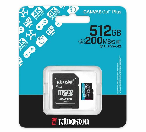 512GB Micro SD Memory Card Kingston Canvas Go! Plus V30 200MB/s read/ 160MB/s write with adaptor Class 10 (SDCG4/512GB)