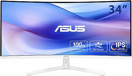 ASUS Monitor EyeCare 34'' 2K 100Hz Curved with Air Ionizer, USB-C, Speakers White VU34WCIP-W