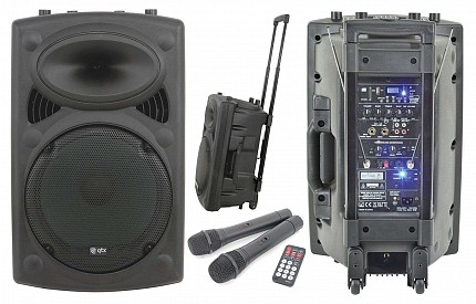 QTX QR12PA 12'' Professional Portable Karaoke & PA Speaker with 2x Wireless Microphones, Bluetooth USB & FM 178.847UK