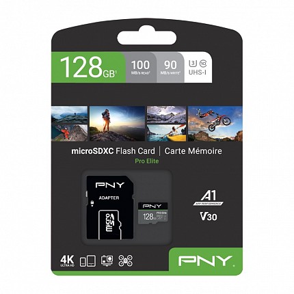 PNY Flash Memory MicroSDXC Card Elite Pro 128GB Class 10 UHS-I U3 V30 with SD Adapter