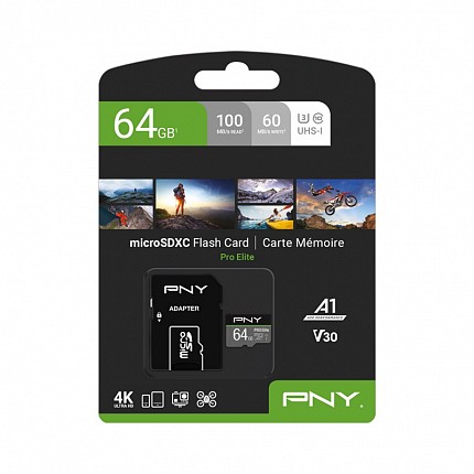 PNY Flash Memory MicroSDXC Card Elite Pro 64GB Class 10 UHS-I U3 V30 with SD Adapter