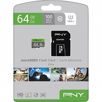 PNY Flash Memory MicroSD Card Elite with SD Adapter 64GB Class 10 UHS-I U1