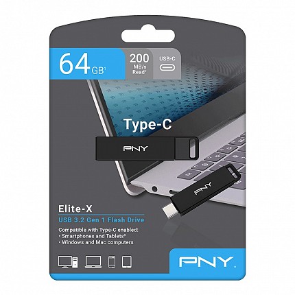 PNY Flash Drive Elite-X USB 3.2 Stick 64GB Capless Slider Black FDI64GELTXC