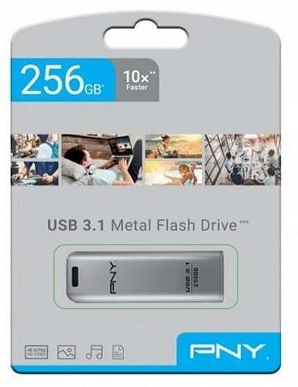 PNY Flash Drive Elite Steel USB 3.1 Stick 256GB Capless Slider Black FD256ESTEEL31G
