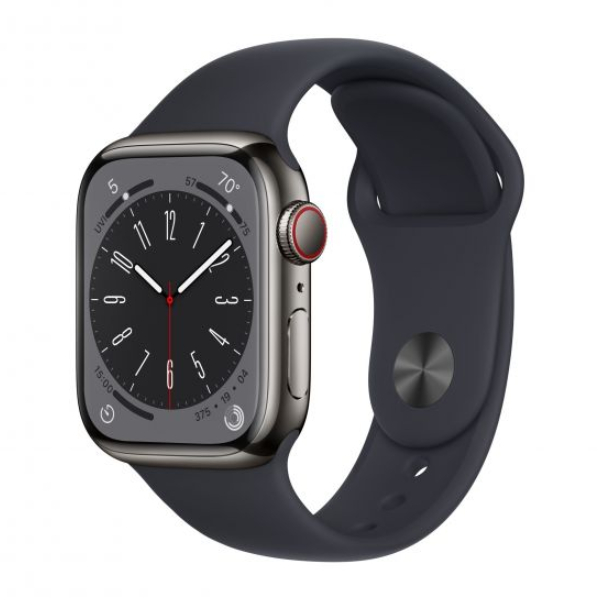 APPLE Watch Series 8 GPS + Cellular 41mm, Γραφίτης Ανοξείδωτο Ατσάλι με Μαύρο Αθλητικό Λουράκι