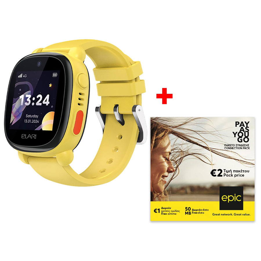 Smartwatch ELARI Κidphone 4G Lite KP-4GLTY LTE yellow + Connection Pack epic PayAsYouGo